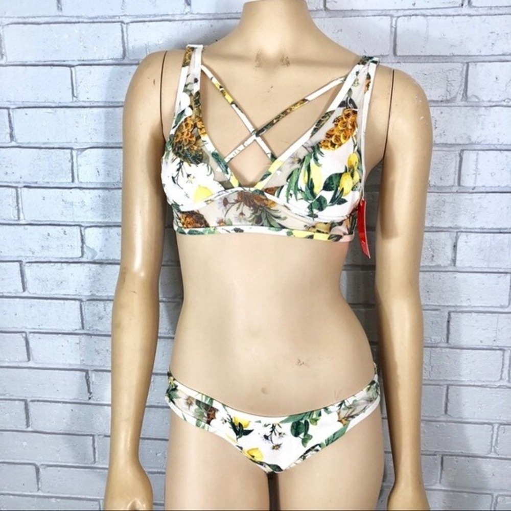 River Island Resort Tropical‎ Fruit Lemon Pineapple Bikini Set White Womens